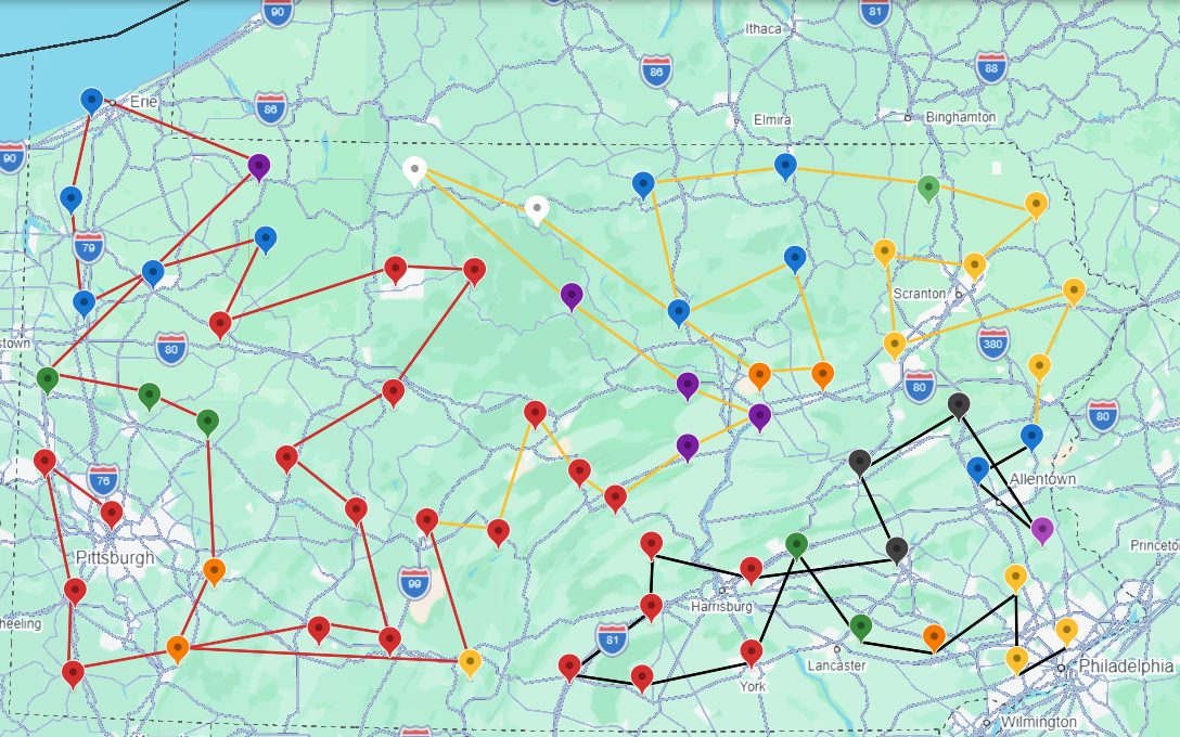 Map of Pennsylvania showing the Flags Across Pennsylvania journey through all 67 counties