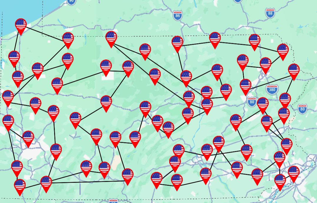 Map of Pennsylvania showing the Flags Across Pennsylvania journey through all 67 counties